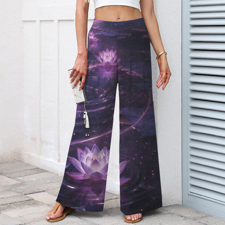 Buddha Stones Pantaloni da donna in cotone e lino con elastico in vita e gamba larga, fantasia Lotus Galaxy, con tasche. - image 1
