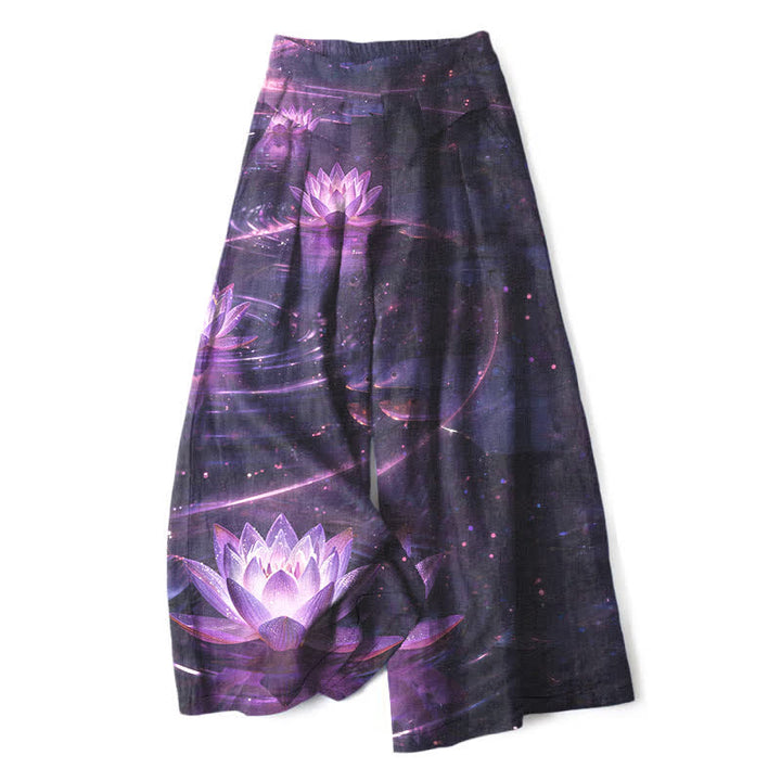 Buddha Stones Pantaloni da donna in cotone e lino con elastico in vita e gamba larga, fantasia Lotus Galaxy, con tasche. - Indaco - US16, UK/AU20, EU48 (3XL) - image 0