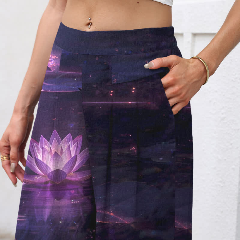 Buddha Stones Pantaloni da donna in cotone e lino con elastico in vita e gamba larga, fantasia Lotus Galaxy, con tasche. - image 2