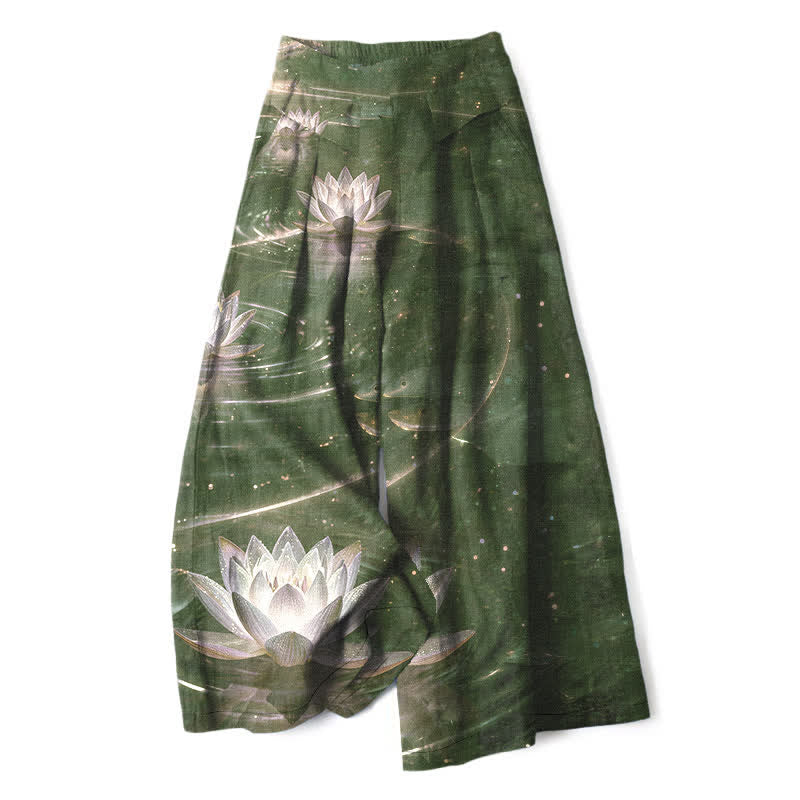 Buddha Stones Pantaloni da donna in cotone e lino con elastico in vita e gamba larga, fantasia Lotus Galaxy, con tasche. - Verde oliva scuro - US16, UK/AU20, EU48 (3XL) - image 5