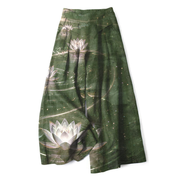 Buddha Stones Pantaloni da donna in cotone e lino con elastico in vita e gamba larga, fantasia Lotus Galaxy, con tasche. - Verde oliva scuro - US16, UK/AU20, EU48 (3XL) - image 5