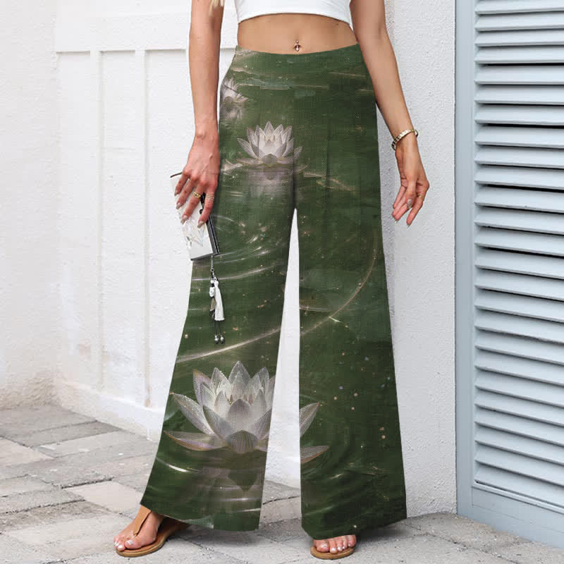 Buddha Stones Pantaloni da donna in cotone e lino con elastico in vita e gamba larga, fantasia Lotus Galaxy, con tasche. - image 6
