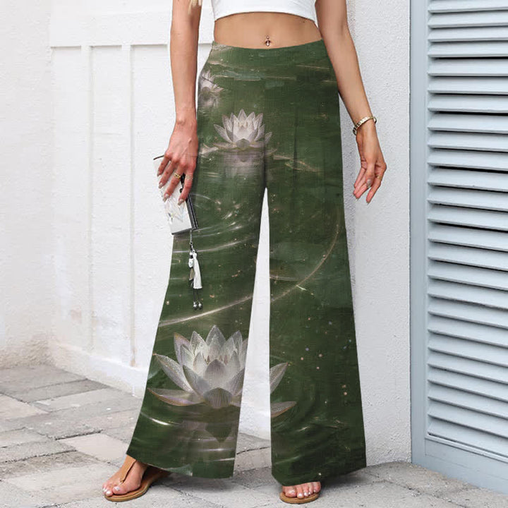 Buddha Stones Pantaloni da donna in cotone e lino con elastico in vita e gamba larga, fantasia Lotus Galaxy, con tasche. - image 6