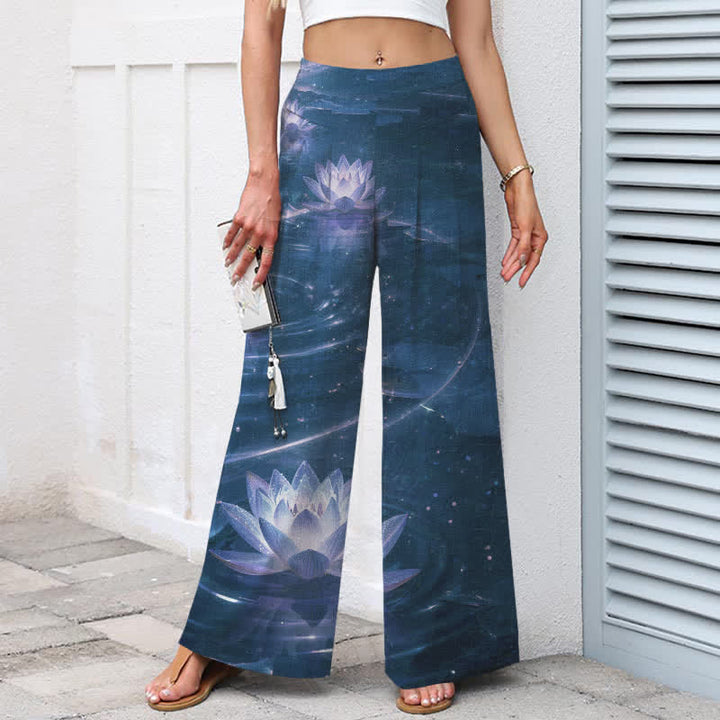 Buddha Stones Pantaloni da donna in cotone e lino con elastico in vita e gamba larga, fantasia Lotus Galaxy, con tasche. - image 8