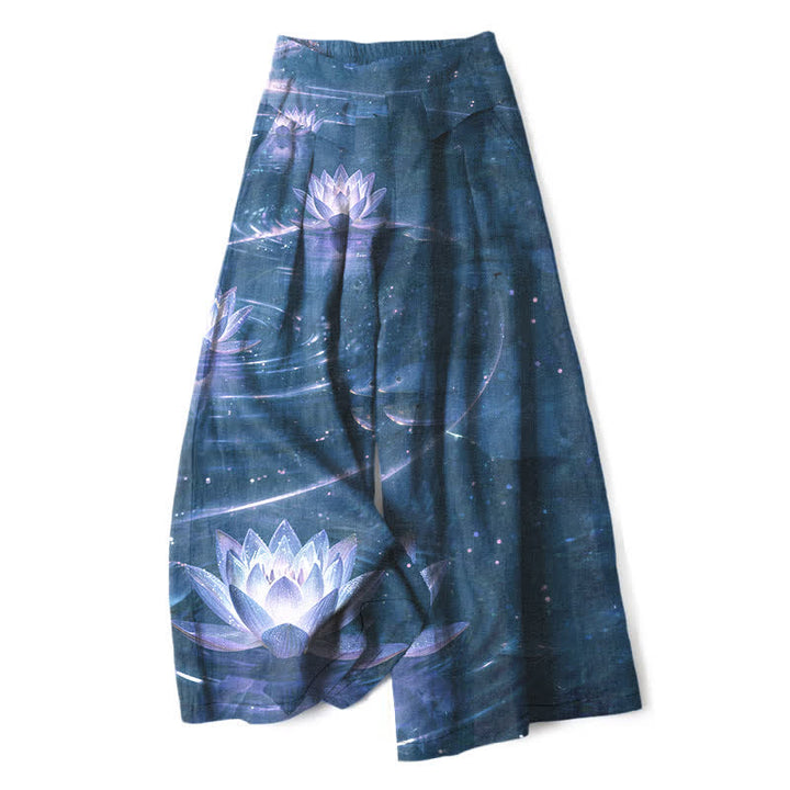 Buddha Stones Pantaloni da donna in cotone e lino con elastico in vita e gamba larga, fantasia Lotus Galaxy, con tasche. - Blu scuro - US16, UK/AU20, EU48 (3XL) - image 7
