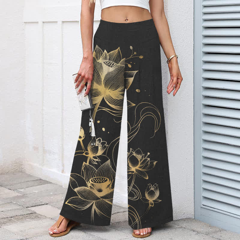 Buddha Stones Pantaloni da donna in cotone e lino con motivo loto dorato, gamba larga e vita elasticizzata, con tasche. - image 1