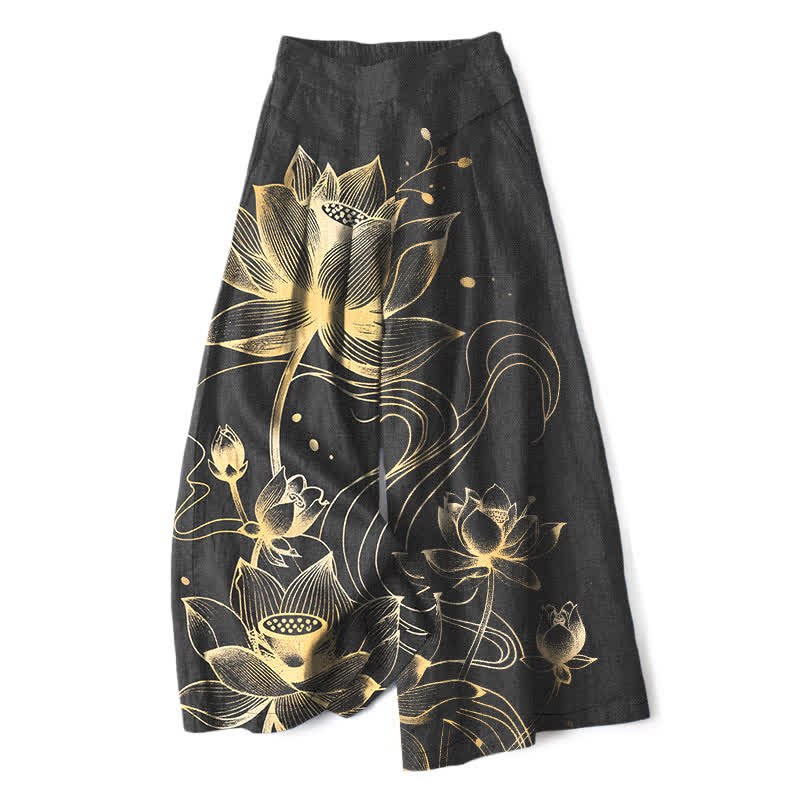 Buddha Stones Pantaloni da donna in cotone e lino con motivo loto dorato, gamba larga e vita elasticizzata, con tasche. - Nero - US16, UK/AU20, EU48 (3XL) - image 0