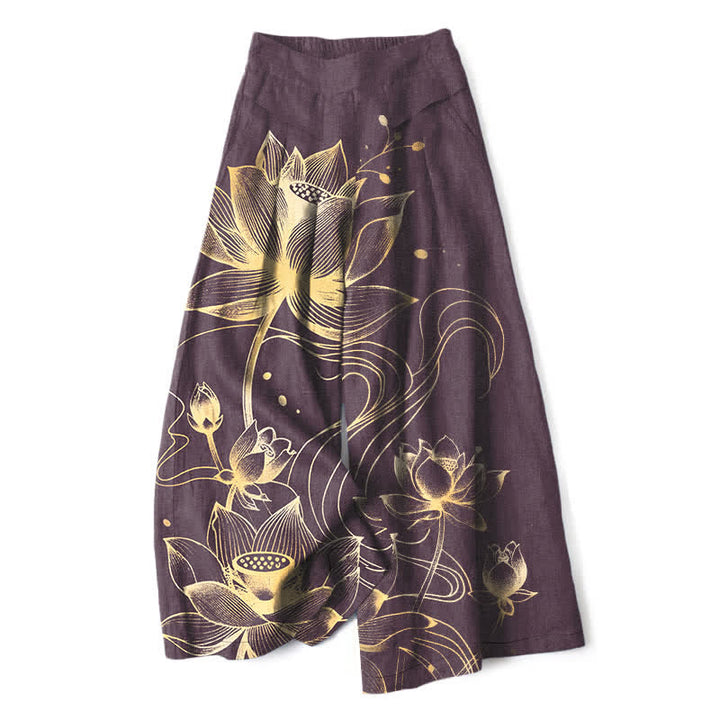 Buddha Stones Pantaloni da donna in cotone e lino con motivo loto dorato, gamba larga e vita elasticizzata, con tasche. - Viola - US16, UK/AU20, EU48 (3XL) - image 5