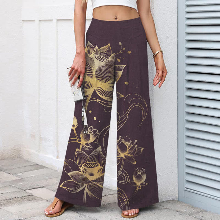 Buddha Stones Pantaloni da donna in cotone e lino con motivo loto dorato, gamba larga e vita elasticizzata, con tasche. - image 6