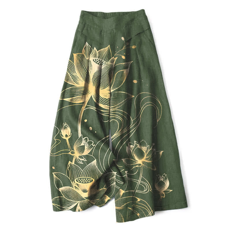 Buddha Stones Pantaloni da donna in cotone e lino con motivo loto dorato, gamba larga e vita elasticizzata, con tasche. - Verde oliva scuro - US16, UK/AU20, EU48 (3XL) - image 7