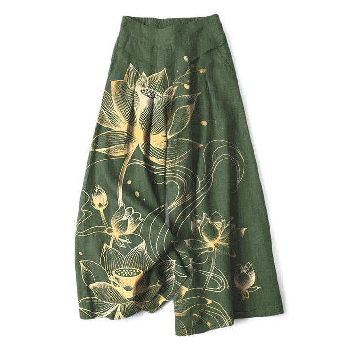 Buddha Stones Pantaloni da donna in cotone e lino con motivo loto dorato, gamba larga e vita elasticizzata, con tasche. - Verde oliva scuro - US16, UK/AU20, EU48 (3XL) - image 7