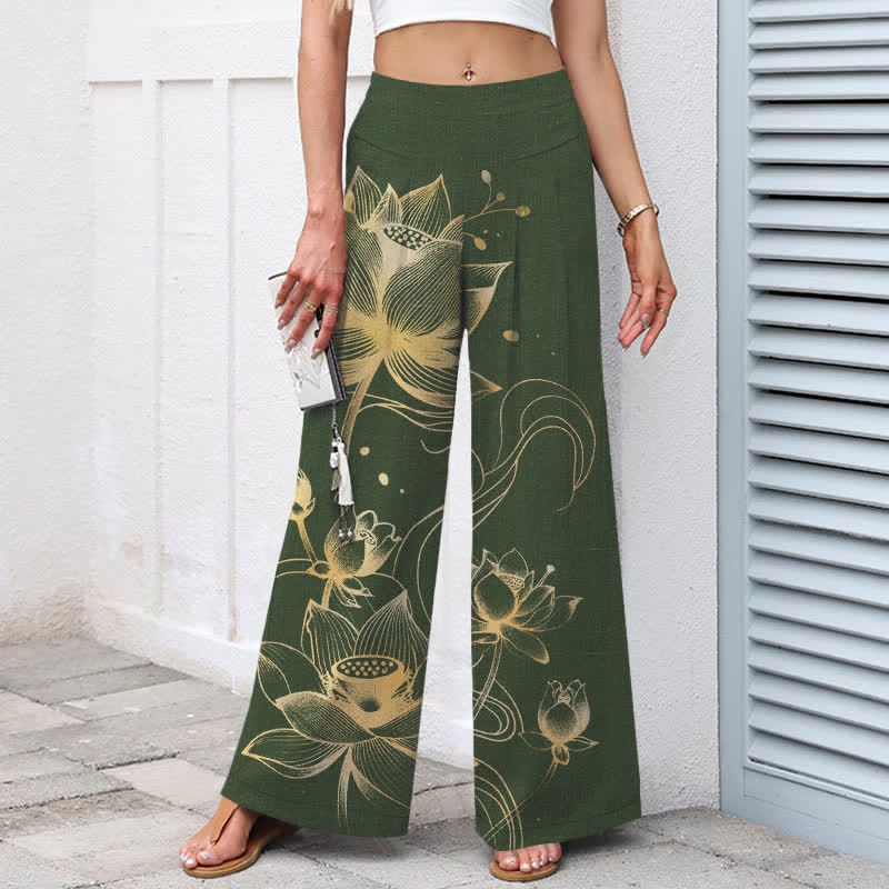 Buddha Stones Pantaloni da donna in cotone e lino con motivo loto dorato, gamba larga e vita elasticizzata, con tasche. - image 8