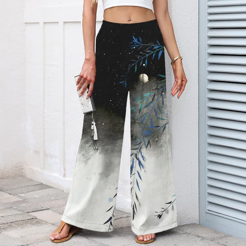 Buddha Stones Pantaloni da donna a gamba larga con elastico in vita e tasche, in cotone e lino, con motivo bambù illuminato dalla luna. - image 1