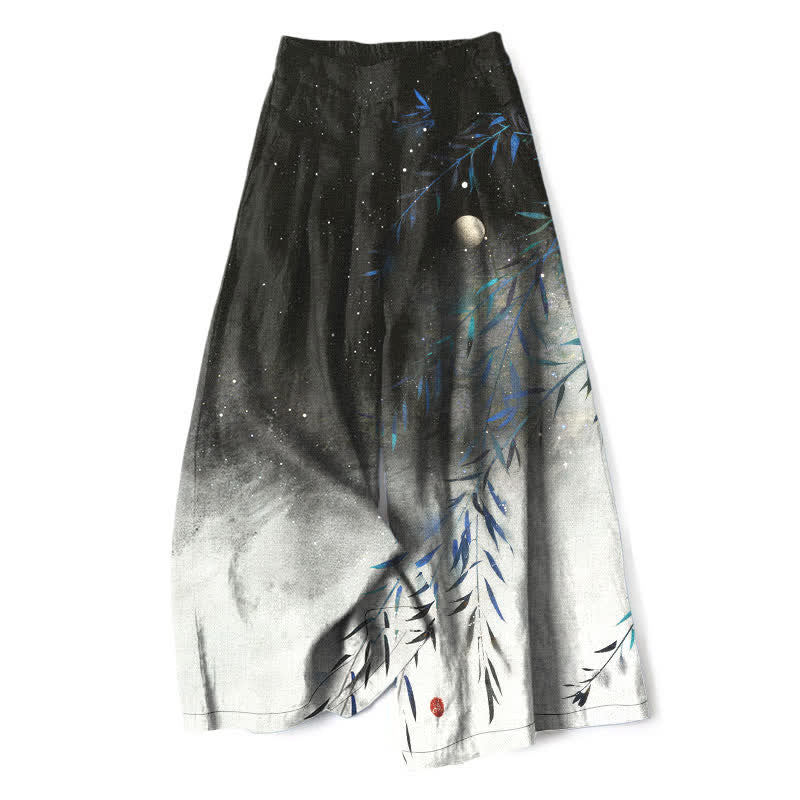 Buddha Stones Pantaloni da donna a gamba larga con elastico in vita e tasche, in cotone e lino, con motivo bambù illuminato dalla luna. - Nero - US16, UK/AU20, EU48 (3XL) - image 0