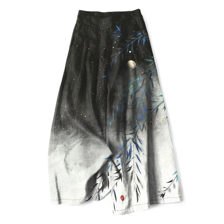 Buddha Stones Pantaloni da donna a gamba larga con elastico in vita e tasche, in cotone e lino, con motivo bambù illuminato dalla luna. - Nero - US16, UK/AU20, EU48 (3XL) - image 0