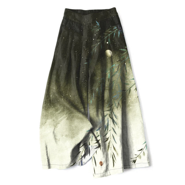 Buddha Stones Pantaloni da donna a gamba larga con elastico in vita e tasche, in cotone e lino, con motivo bambù illuminato dalla luna. - Verde oliva scuro - US16, UK/AU20, EU48 (3XL) - image 5
