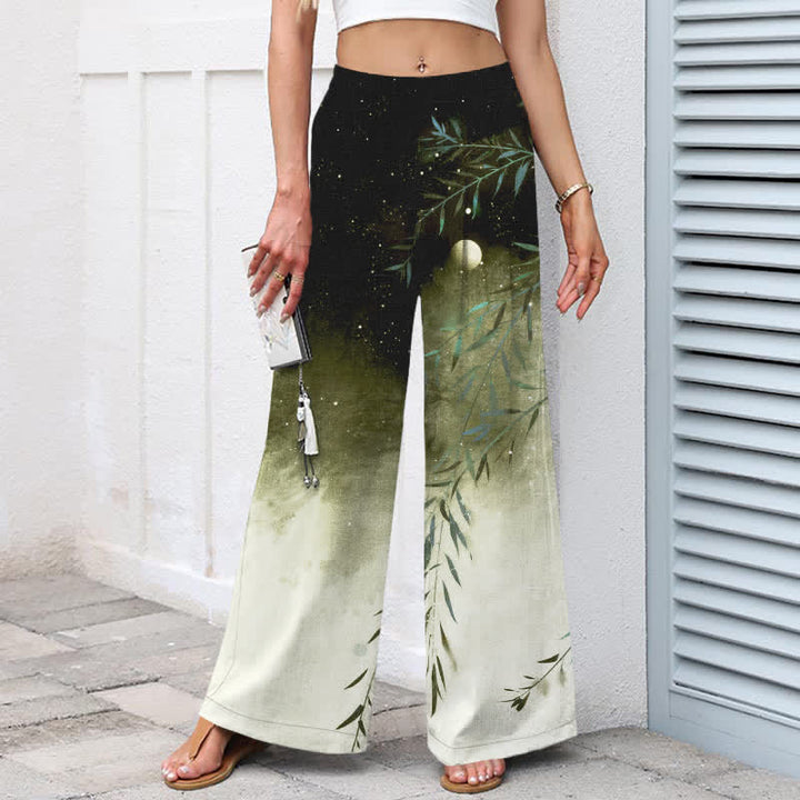 Buddha Stones Pantaloni da donna a gamba larga con elastico in vita e tasche, in cotone e lino, con motivo bambù illuminato dalla luna. - image 6