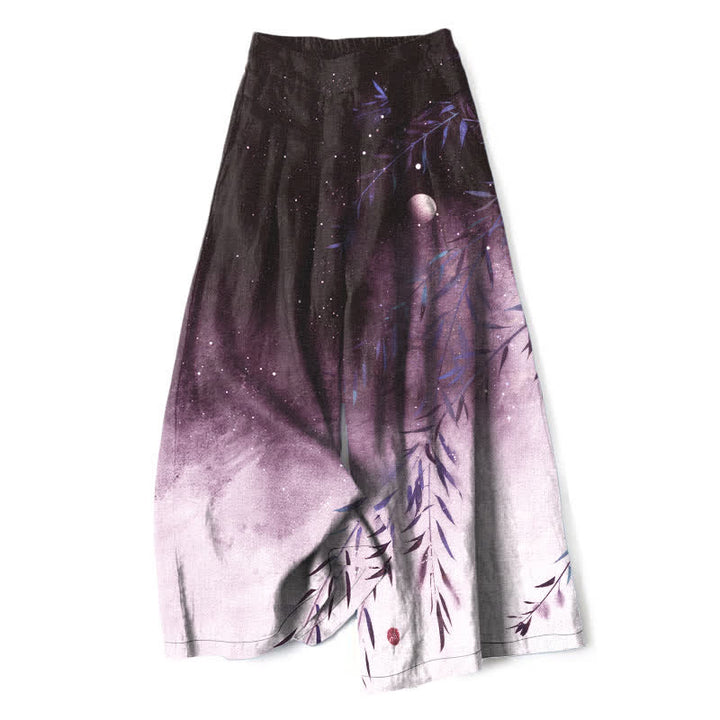 Buddha Stones Pantaloni da donna a gamba larga con elastico in vita e tasche, in cotone e lino, con motivo bambù illuminato dalla luna. - Viola scuro - US16, UK/AU20, EU48 (3XL) - image 7