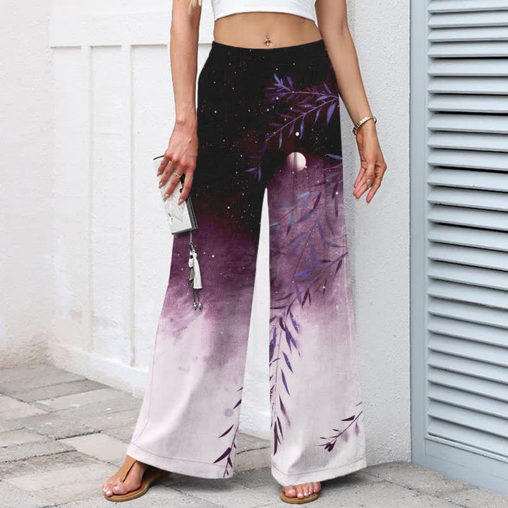 Buddha Stones Pantaloni da donna a gamba larga con elastico in vita e tasche, in cotone e lino, con motivo bambù illuminato dalla luna. - image 8