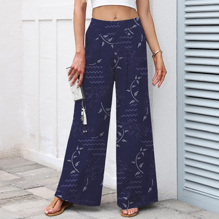 Buddha Stones Pantaloni da donna a gamba larga con elastico in vita e tasche, in cotone e lino, con fantasia botanica a onde. - image 1