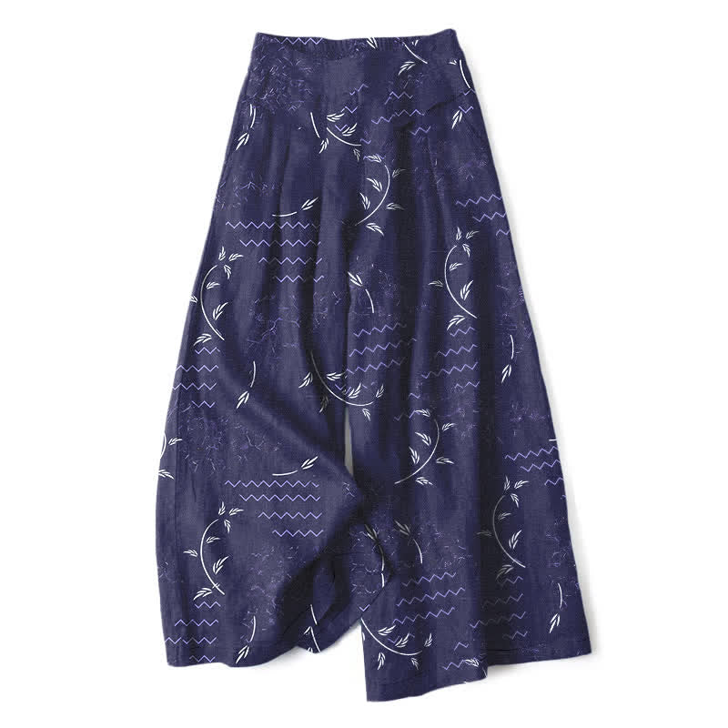 Buddha Stones Pantaloni da donna a gamba larga con elastico in vita e tasche, in cotone e lino, con fantasia botanica a onde. - Marina - US16, UK/AU20, EU48 (3XL) - image 0