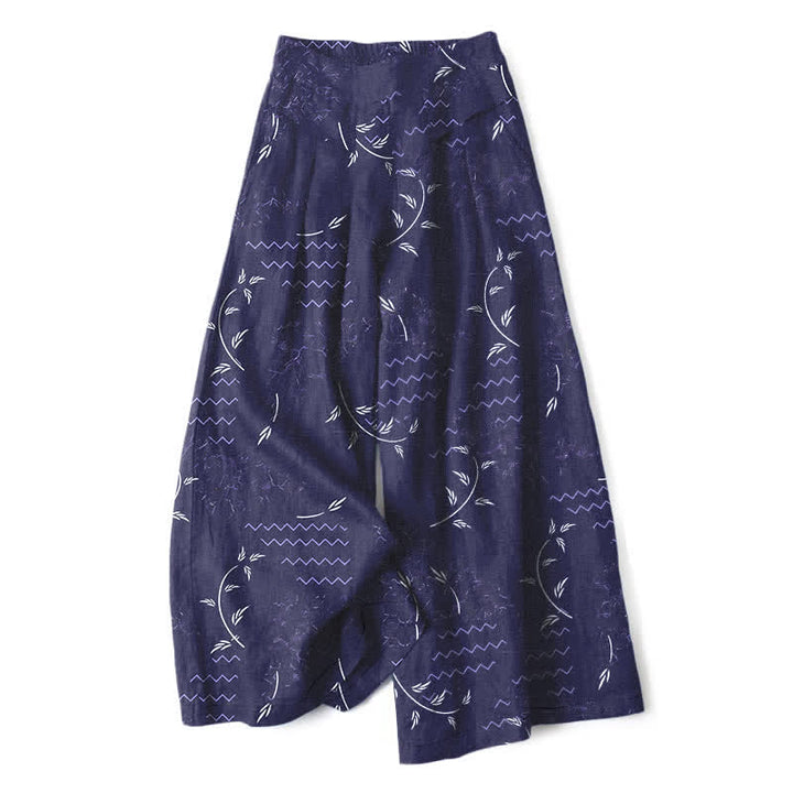 Buddha Stones Pantaloni da donna a gamba larga con elastico in vita e tasche, in cotone e lino, con fantasia botanica a onde. - Marina - US16, UK/AU20, EU48 (3XL) - image 0