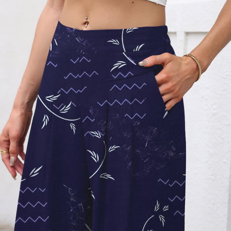 Buddha Stones Pantaloni da donna a gamba larga con elastico in vita e tasche, in cotone e lino, con fantasia botanica a onde. - image 2