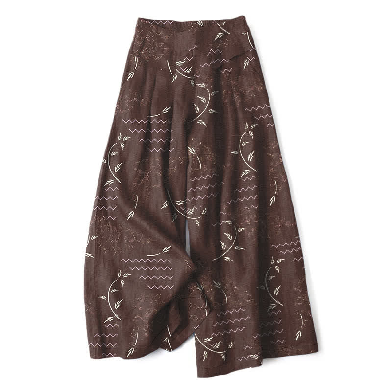 Buddha Stones Pantaloni da donna a gamba larga con elastico in vita e tasche, in cotone e lino, con fantasia botanica a onde. - Marrone sella - US16, UK/AU20, EU48 (3XL) - image 5