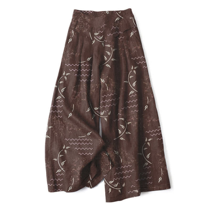 Buddha Stones Pantaloni da donna a gamba larga con elastico in vita e tasche, in cotone e lino, con fantasia botanica a onde. - Marrone sella - US16, UK/AU20, EU48 (3XL) - image 5