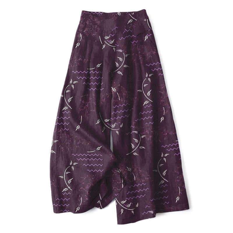 Buddha Stones Pantaloni da donna a gamba larga con elastico in vita e tasche, in cotone e lino, con fantasia botanica a onde. - Viola - US16, UK/AU20, EU48 (3XL) - image 7