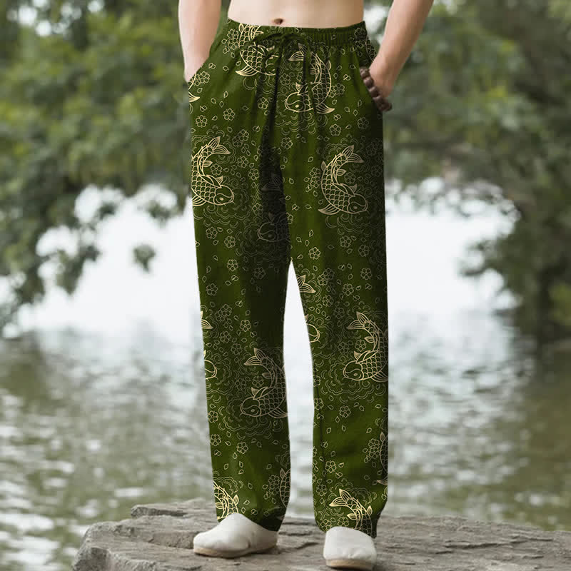 Buddha Stones Pantaloni da uomo affusolati in cotone con motivo floreale e carpe koi dorate, con tasche. - Verde oliva - US/UK/AU50, EU60 (5XL) - image 4
