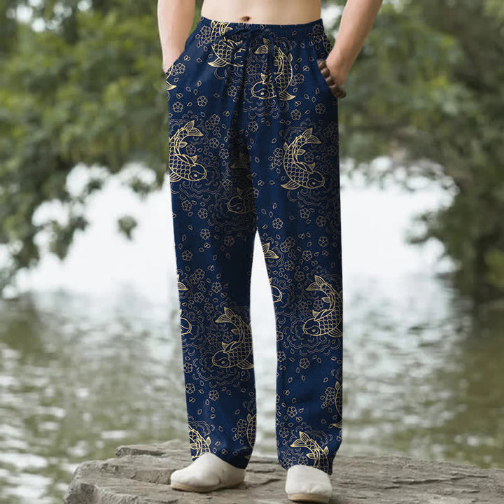 Buddha Stones Pantaloni da uomo affusolati in cotone con motivo floreale e carpe koi dorate, con tasche. - Marina - US/UK/AU50, EU60 (5XL) - image 6