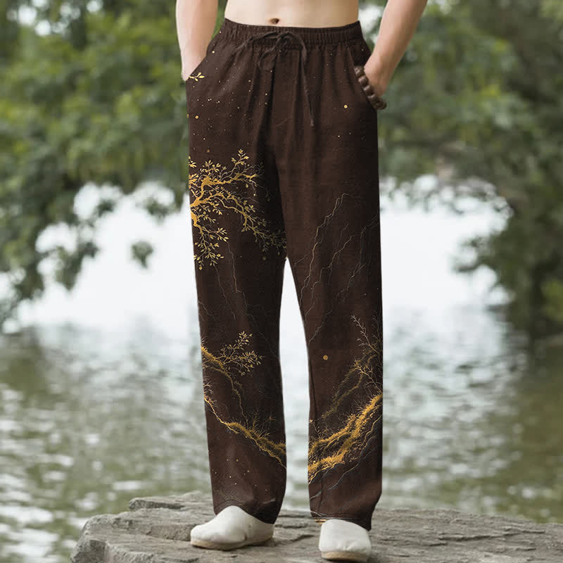 Buddha Stones Pantaloni da uomo affusolati con motivo a rami di cotone e tasche - Marrone sella - US/UK/AU50, EU60 (5XL) - image 0
