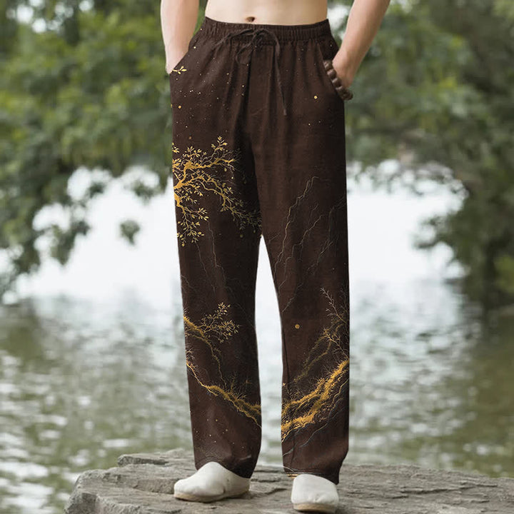 Buddha Stones Pantaloni da uomo affusolati con motivo a rami di cotone e tasche - Marrone sella - US/UK/AU50, EU60 (5XL) - image 0