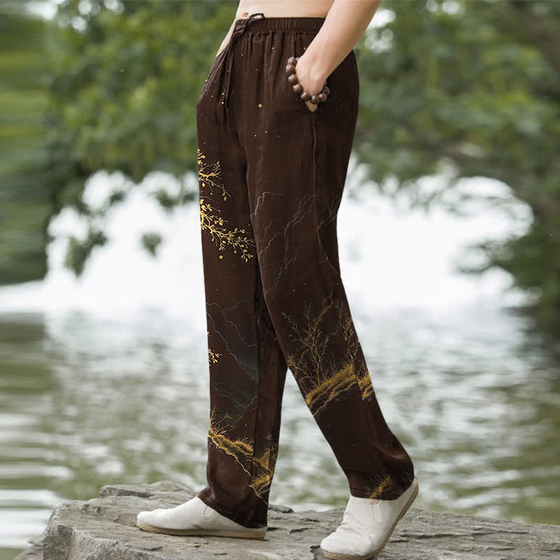 Buddha Stones Pantaloni da uomo affusolati con motivo a rami di cotone e tasche - image 1