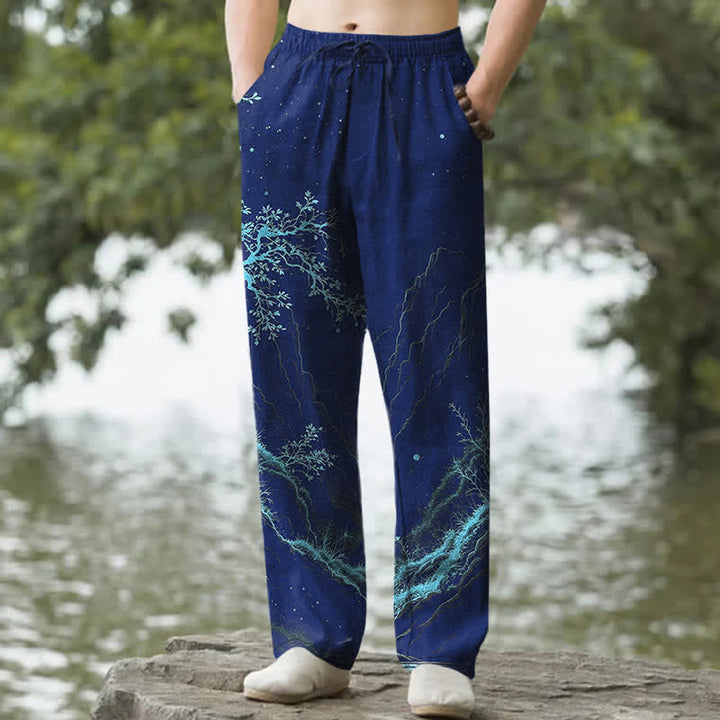 Buddha Stones Pantaloni da uomo affusolati con motivo a rami di cotone e tasche - Marina - US/UK/AU50, EU60 (5XL) - image 4