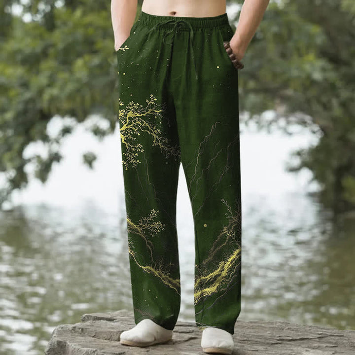 Buddha Stones Pantaloni da uomo affusolati con motivo a rami di cotone e tasche - Verde studentesco - US/UK/AU50, EU60 (5XL) - image 6