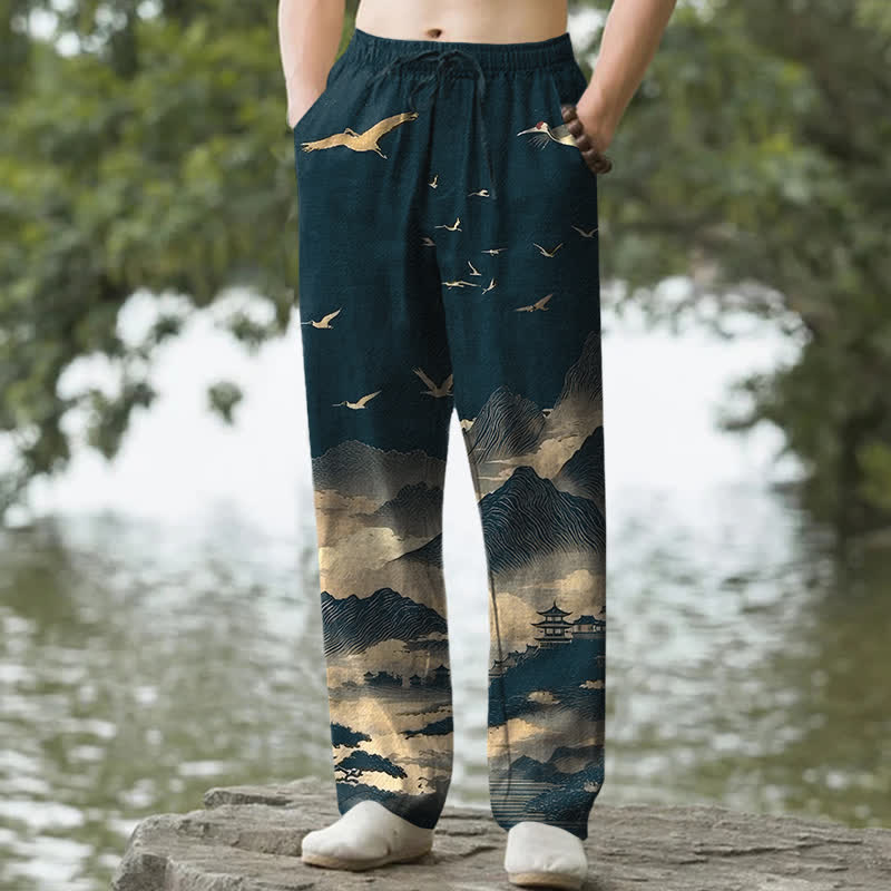 Buddha Stones Pantaloni da uomo affusolati con tasche, modello Cotton Mountain Temple Bird Pattern. - Verde acqua - US/UK/AU50, EU60 (5XL) - image 0