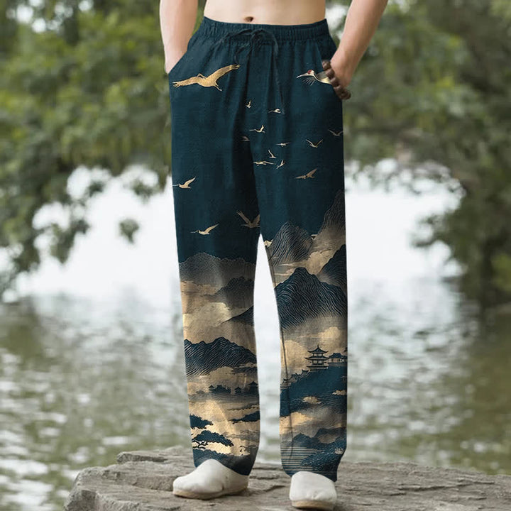 Buddha Stones Pantaloni da uomo affusolati con tasche, modello Cotton Mountain Temple Bird Pattern. - Verde acqua - US/UK/AU50, EU60 (5XL) - image 0