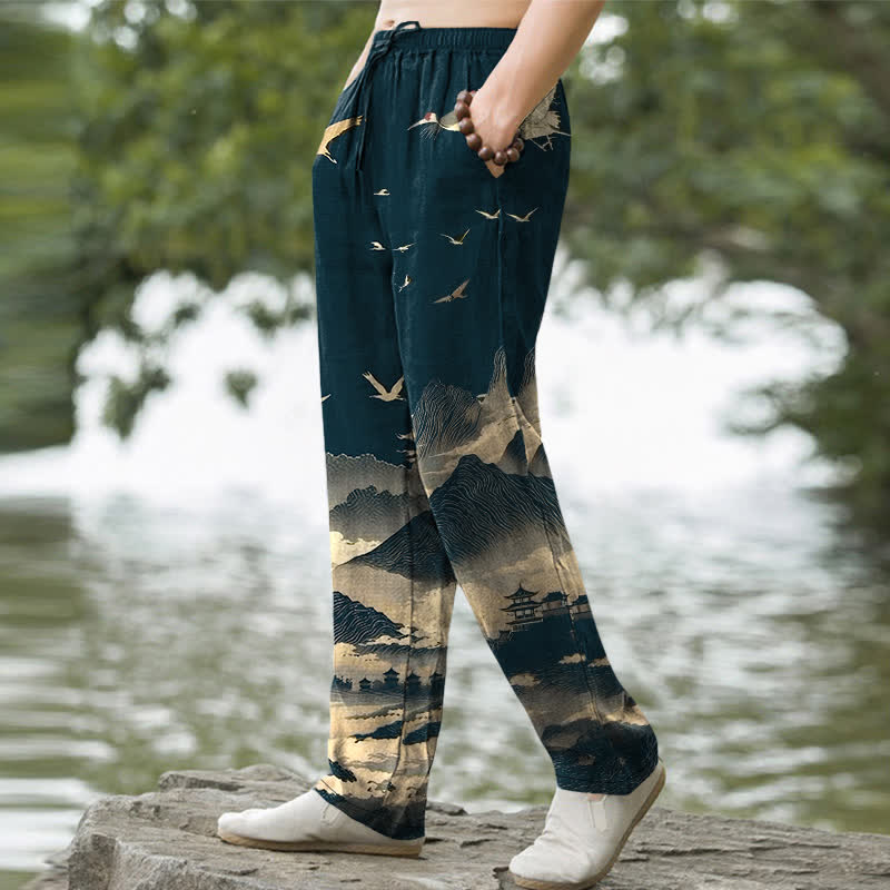 Buddha Stones Pantaloni da uomo affusolati con tasche, modello Cotton Mountain Temple Bird Pattern. - image 1