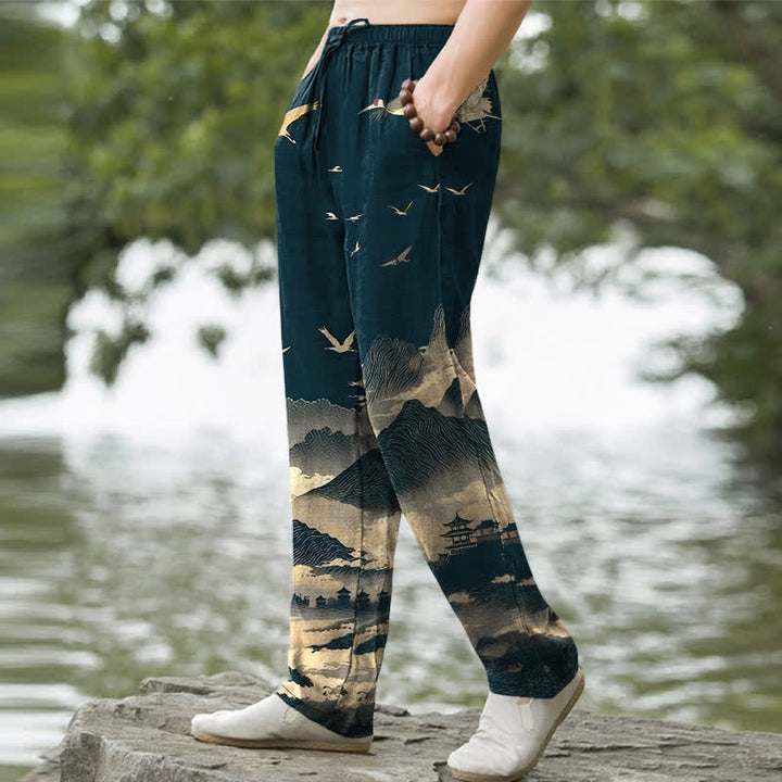 Buddha Stones Pantaloni da uomo affusolati con tasche, modello Cotton Mountain Temple Bird Pattern. - image 1