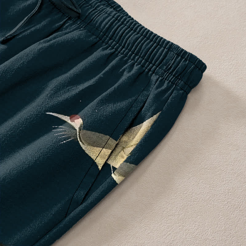 Buddha Stones Pantaloni da uomo affusolati con tasche, modello Cotton Mountain Temple Bird Pattern. - image 2