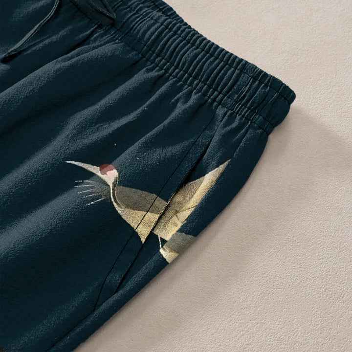 Buddha Stones Pantaloni da uomo affusolati con tasche, modello Cotton Mountain Temple Bird Pattern. - image 2