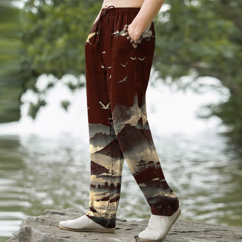 Buddha Stones Pantaloni da uomo affusolati con tasche, modello Cotton Mountain Temple Bird Pattern. - image 5