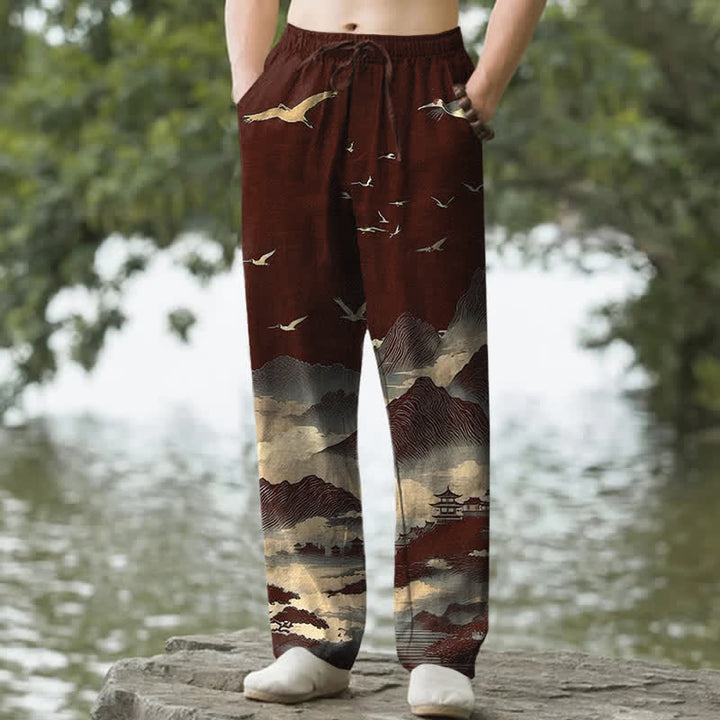 Buddha Stones Pantaloni da uomo affusolati con tasche, modello Cotton Mountain Temple Bird Pattern. - Marrone - US/UK/AU50, EU60 (5XL) - image 4