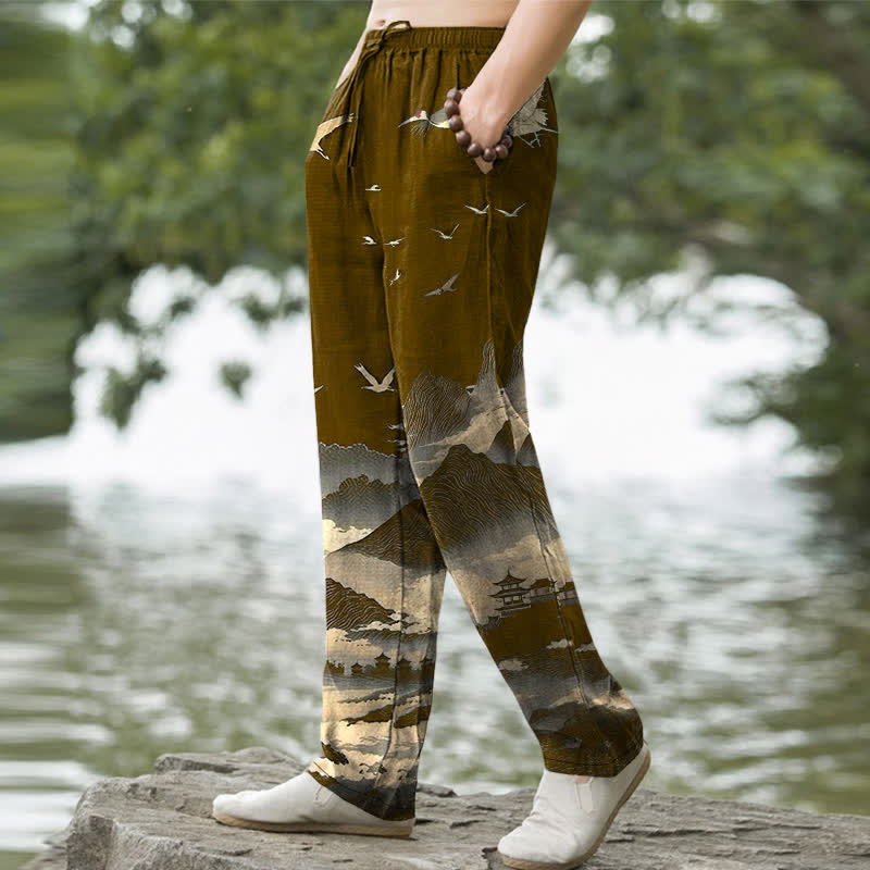 Buddha Stones Pantaloni da uomo affusolati con tasche, modello Cotton Mountain Temple Bird Pattern. - image 7