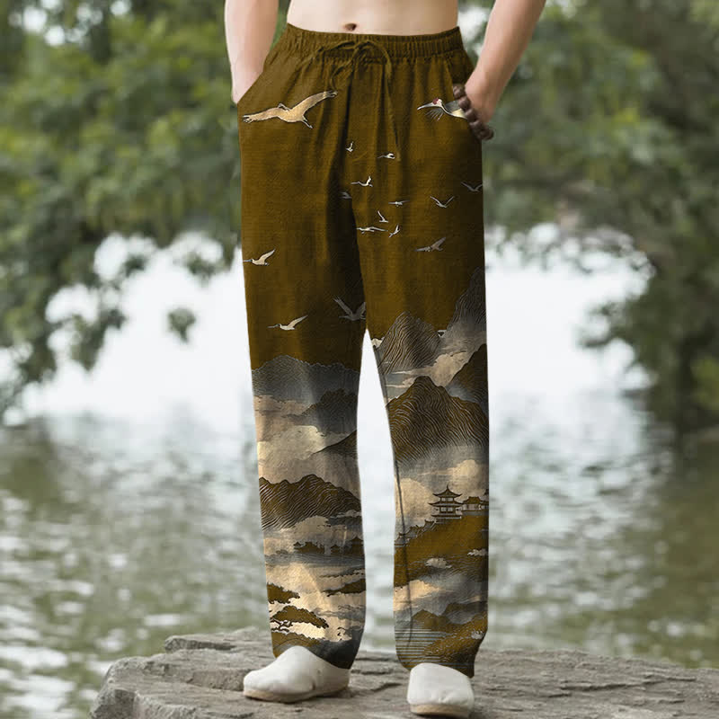 Buddha Stones Pantaloni da uomo affusolati con tasche, modello Cotton Mountain Temple Bird Pattern. - Verga d'oro scura - US/UK/AU50, EU60 (5XL) - image 6
