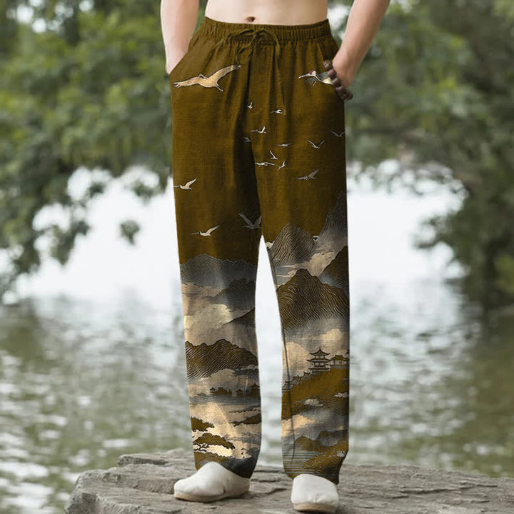 Buddha Stones Pantaloni da uomo affusolati con tasche, modello Cotton Mountain Temple Bird Pattern. - Verga d'oro scura - US/UK/AU50, EU60 (5XL) - image 6