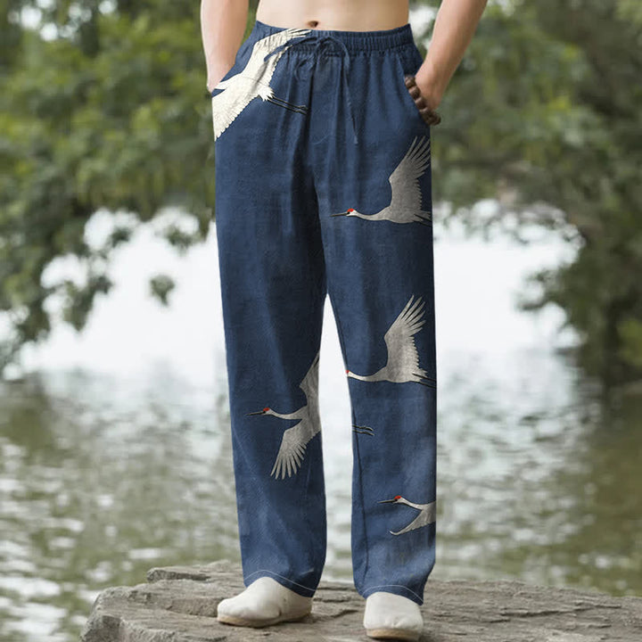 Buddha Stones Pantaloni da uomo affusolati in cotone bianco con stampa di gru volanti e tasche. - Marina - US/UK/AU50, EU60 (5XL) - image 6