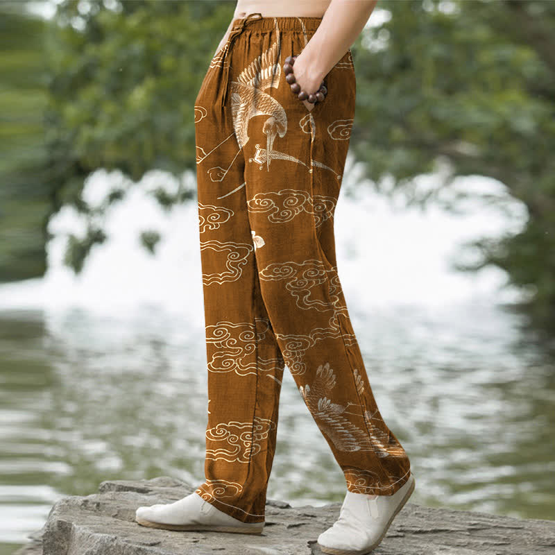 Buddha Stones Pantaloni da uomo affusolati in cotone con motivo floreale "Gru, Nuvole", con tasche. - image 1